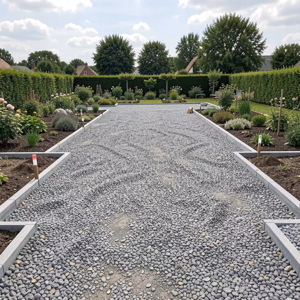 Plan large d'un socle de terrasse préparé en grave concassée