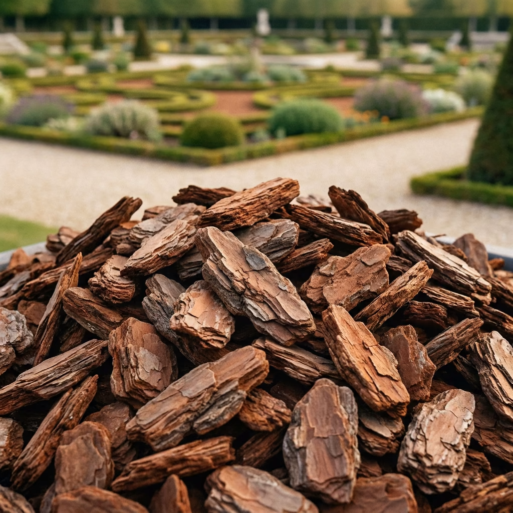 Écorces de pin maritime, Classique, Calibre 20-40 mm. Esthétique, durable 3 ans, acidifie légèrement le sol. Parfait pour mass · Les Jardins de Lutz Crespin