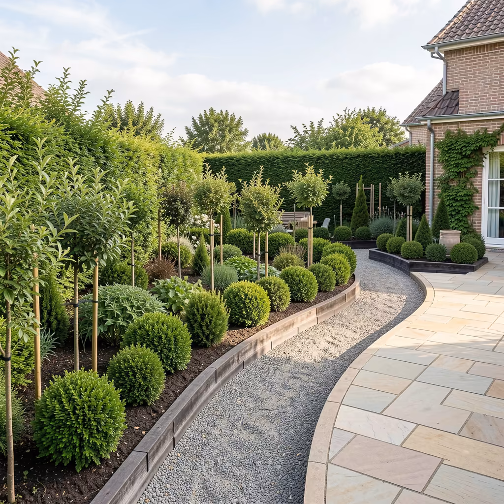 Création de jardin paysagère : allée courbe, massifs et terrasse en Eure-et-Loir