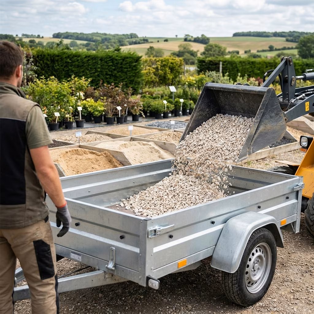 Chargement de matériaux en vrac dans une remorque pour aménager un jardin