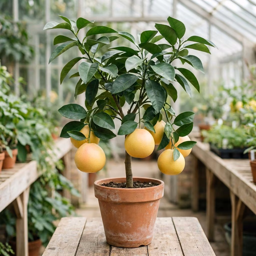 Pamplemoussier en pot, visuel botanique corrigé pour la section Nos végétaux des Pépinières Crespin