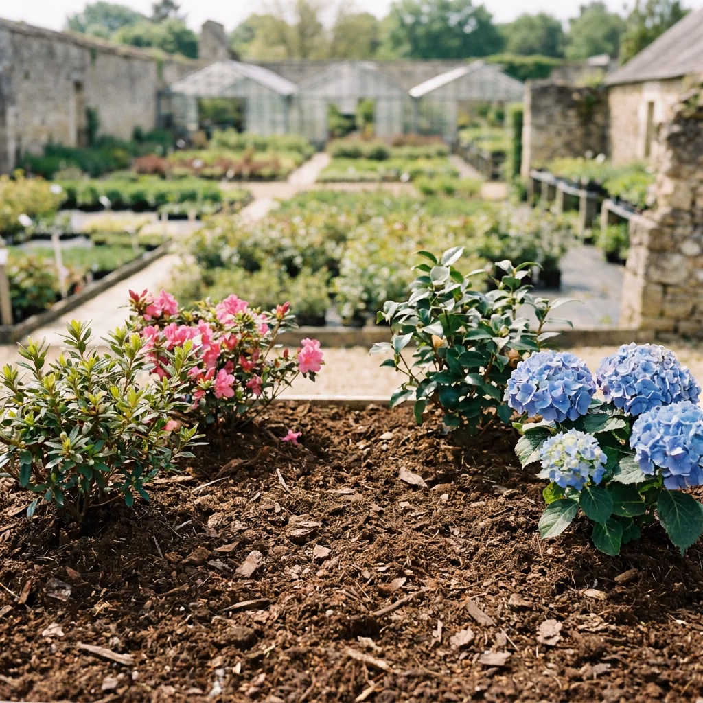 Terre de bruyère, Acidophile, pH 4,5 à 5,5. Pour rhododendrons, azalées, camélias et hortensias bleus. · Les Jardins de Lutz Crespin