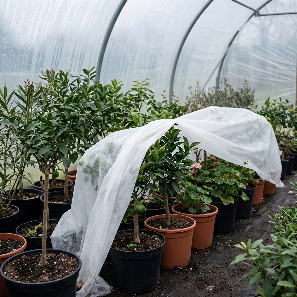 Hivernage des plantes fragiles sous serre à la pépinière Crespin