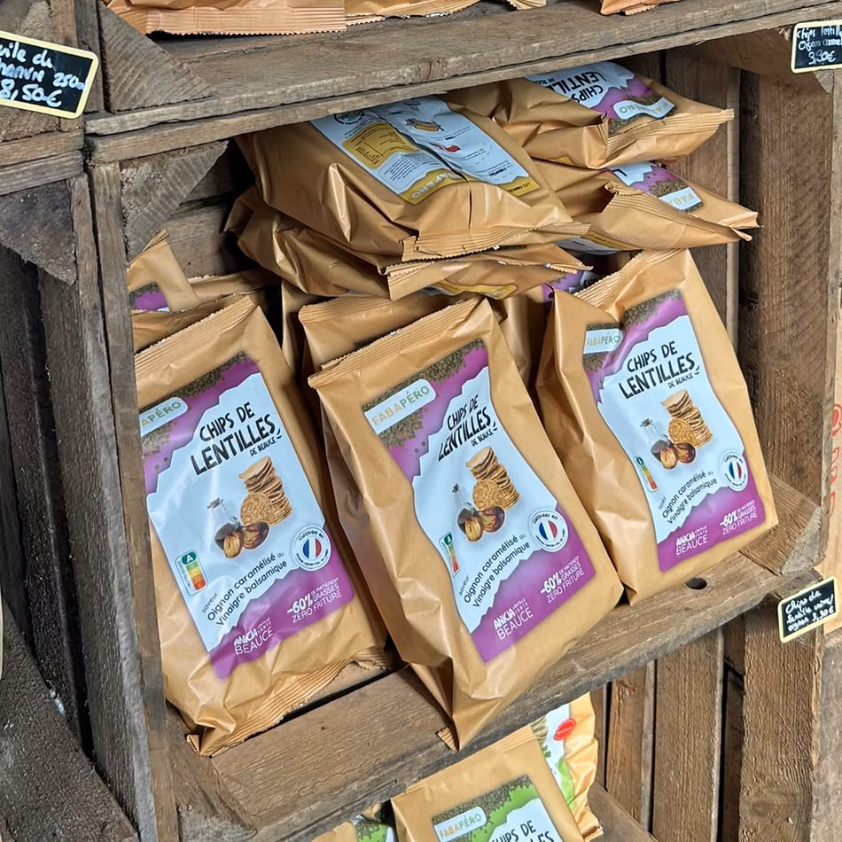 Sachets de chips de lentilles Chabapéro en boutique