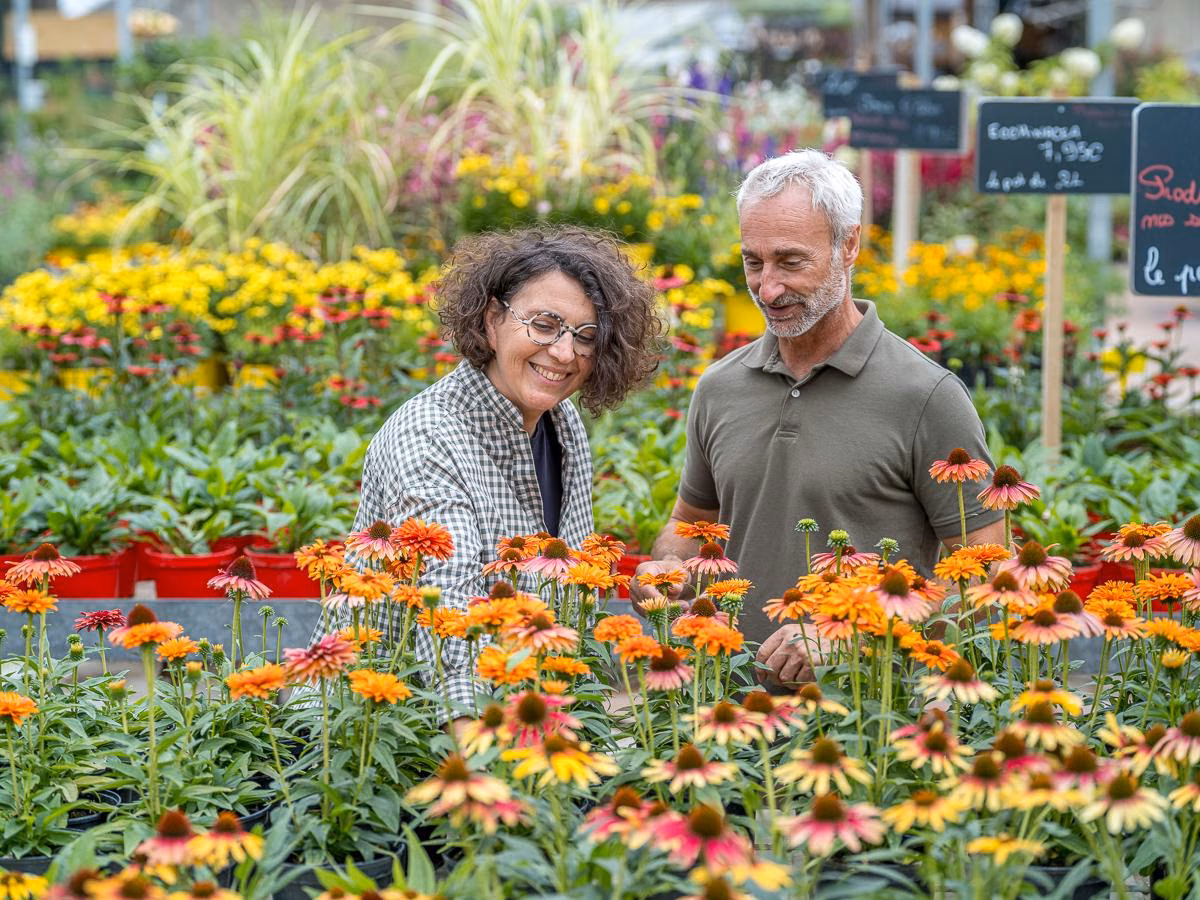 Deux personnes parmi des fleurs en pépinière